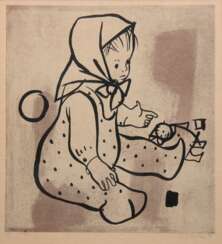 Fuchs, Alfred (1877 Bornich-1954 Sankt Goarshausen) &quot;Kleines Mädchen mit Puppe&quot;, Grafik, 5/ 50, sign. u.r., 31x28 cm, im Passepartout hinter Glas und Rahmen