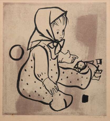 Fuchs, Alfred (1877 Bornich-1954 Sankt Goarshausen) "Kleines Mädchen mit Puppe", Grafik, 5/ 50, sign. u.r., 31x28 cm, im Passepartout hinter Glas und Rahmen - Foto 1