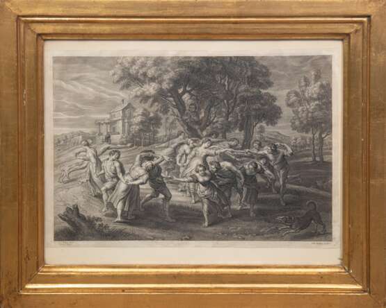 "Bauerntanz", nach Peter Paul Rubens, Kupferstich auf Bütten, in der Platte bezeichnet "Petr. Paul. Rubens pinxit / S. a Bolswert sculpsit / Gillis Hendricx excudit, 33x46 cm, hinter Glas und Rahmen - photo 1