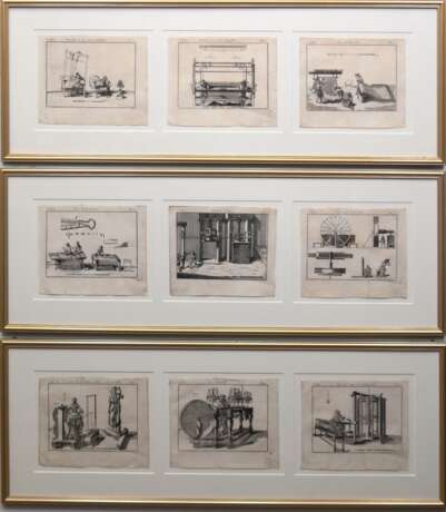 Konvolut von 9 Grafiken 19. Jh, davon immer 3 in einem Passepartout und Rahmen, "Tuchherstellung in verschiedenen Abschnitten", nummeriert und bez. jeweils 17x21 cm - photo 1