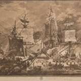 Martin, Johann Fedrik (1755-1816) "Schwedisches Flaggschiff Gustav III. in der Schlacht vor Holland 1788", Kupferstich nach Jean Louis Deprez, an den Rändern faltig, 59x83,5 cm, hinter Glas und Rahmen - photo 1