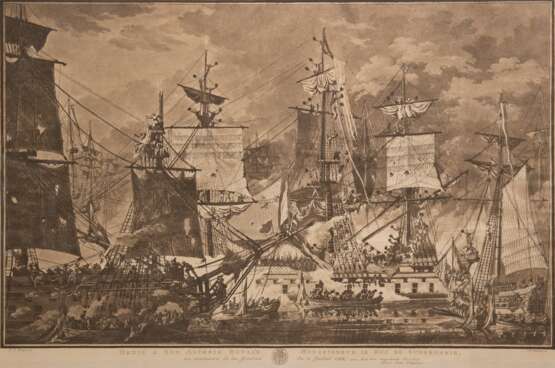 Martin, Johann Fedrik (1755-1816) "Schwedisches Flaggschiff Gustav III. in der Schlacht vor Holland 1788", Kupferstich nach Jean Louis Deprez, an den Rändern faltig, 59x83,5 cm, hinter Glas und Rahmen - photo 1