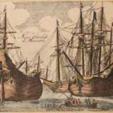 "Koggen im Hafen", kolorierter Kupferstich, 17./ 18. Jh., bez. Naui Olandese di Mercantia, Blatt leicht gebräunt, minim. stockfleckig, 15,5x21 cm, hinter Glas und Rahmen - photo 1
