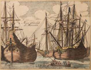 &quot;Koggen im Hafen&quot;, kolorierter Kupferstich, 17./ 18. Jh., bez. Naui Olandese di Mercantia, Blatt leicht gebräunt, minim. stockfleckig, 15,5x21 cm, hinter Glas und Rahmen