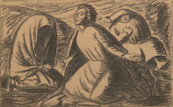 Barlach, Ernst (1870 Wedel/Holstein-1938 Rostock) "Hoffnung und Verzweiflung", Litho., unsign., u.l. bez."Ernst Barlach Nachlass", Blatt gebräunt und etwas fleckig, rückseitig mit Widmung 7. Oktober 1… - photo 1