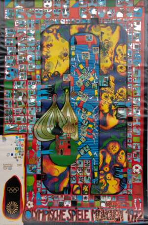 Plakat "Olympische Spiele München 1972", Reproduktions-Plakat nach der Hundertwasser Original-Grafik, 1. Auflage 35.000, Ecke u.l. fehlt, am unteren Rand Knickspuren, Ränder wellig, 100x64 cm, hinter Glas (besc… - photo 1