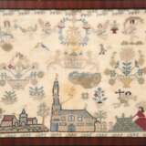 Stickbild, Petit Point, datiert 1863, mit zahlreichen figürlichen und floralen Motiven, fleckig, im oberen Bereich kl. Loch, 21,5x28,5 cm, hinter Glas im Rahmen - photo 1