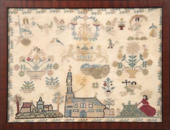 Stickbild, Petit Point, datiert 1863, mit zahlreichen figürlichen und floralen Motiven, fleckig, im oberen Bereich kl. Loch, 21,5x28,5 cm, hinter Glas im Rahmen - photo 1