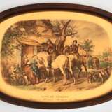 Tablett mit Farbdruck, bez. "Alte de Chasse Desiree a Monsieur Bourgeois de Boisne", Holzrahmen, 3,5x45x30,5 cm - photo 1