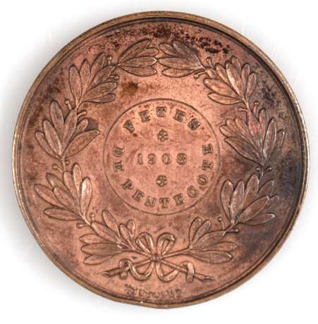 Bronze-Medaille "1908 der Stadt Ostende auf die Pfingstfeste", rückseitig Lobeerkranz mit Schriftbild, 46 mm, 34,57 g - photo 2