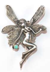 Brosche im Jugendstil &quot;Darstellung einer tanzenden Elfe&quot;, mit Türkis, 925er Silber, Maße ca. 4,0 x 2,8 cm
