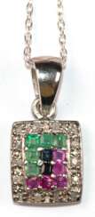 Kette mit Anhänger, 925er Silber, rhodiniert, Smaragde, Rubine, Saphire und 10 Brillanten, Länge ca. 46,0 cm