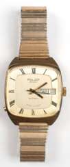 Herrenarmbanduhr &quot;Poljot&quot;, Automatik&quot;, UdSSR 1960er Jahre, Zifferblatt mit römischen Zahlen, zentraler Sekunde, Tag- und Datumsangabe, 3x3,1 cm, goldfarbenes Gehäuse und flexibles Armband, gangfähig