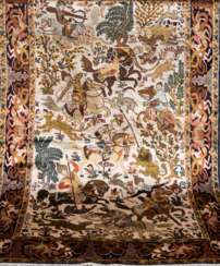 Bild-Teppich, Vollseide, Jagdszenen auf hellem Grund, 190x120 cm