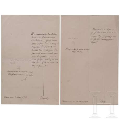 Kaiser Franz Joseph I. von Österreich - zwei eigenhändige Antworten mit Paraphen, datiert "Wien, am 4. Mai 1913" bzw. "Schönbrunn, am 20. März 1914" - Foto 1