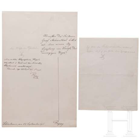 Kaiser Franz Joseph I. von Österreich - eigenhändige Antwort mit Paraphe, datiert "Schönbrunn, am 23. September 1911", sowie undatierte Anweisung wohl an Hofsekretär von Pápay - photo 1