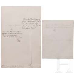 Kaiser Franz Joseph I. von Österreich - eigenhändige Antwort mit Paraphe, datiert "Schönbrunn, am 23. September 1911", sowie undatierte Anweisung wohl an Hofsekretär von Pápay