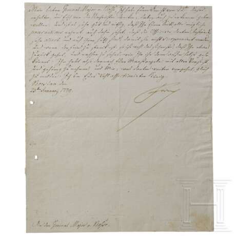 König Friedrich II. von Preußen (1712 - 1786) - eigenhändig signierter Brief "An den General Major v. Bosse" aus dem Bayerischen Erbfolgekrieg, 1779 - фото 1
