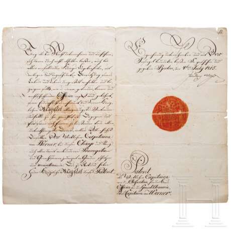 König Friedrich Wilhelm III. von Preußen - eigenhändig signiertes Patent zum "Wirklichen Capitaine" für den Stabs-Capitaine von Werner, 1815 - Foto 1