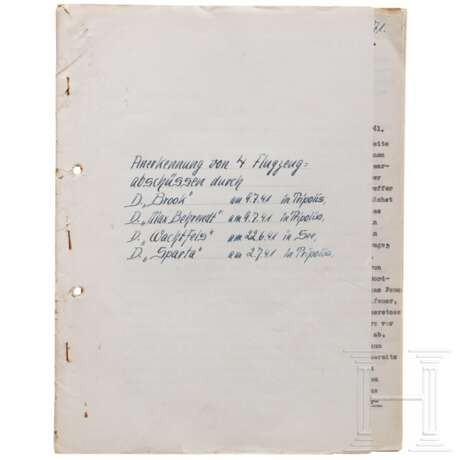 "Anerkennung von 4 Flugzeugabschüssen" durch vier Dampfer der Marine-Bordflak-Kompanie Süd zwischen dem 22.6. "auf See" und dem 9.7.1941 "In Tripolis" (3x) - photo 1