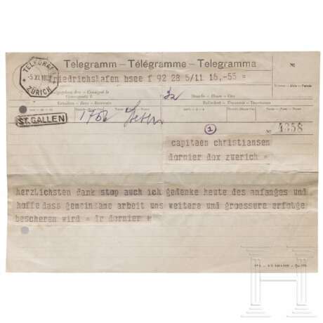 Claude Dornier (1884 - 1969) - Dankestelegramm an den Flugkapitän seines Großflugboots Do X nach geglückter Landung auf dem Zürichsee am 2. November 1932 - Foto 1