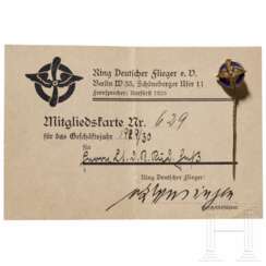 Rudolf Heß - Mitgliedskarte und Anstecknadel des Rings Deutscher Flieger für 1929/30
