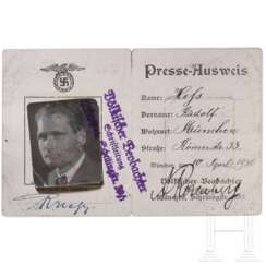 Rudolf Heß - Presseausweis des "Völkischen Beobachters" vom 10.4.1930 mit Unterschriften von Heß und Rosenberg