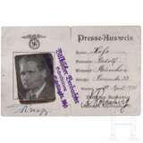 Rudolf Heß - Presseausweis des "Völkischen Beobachters" vom 10.4.1930 mit Unterschriften von Heß und Rosenberg - photo 1