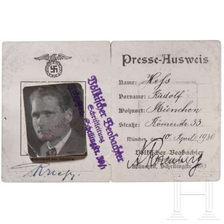 Rudolf Heß - Presseausweis des "Völkischen Beobachters" vom 10.4.1930 mit Unterschriften von Heß und Rosenberg - photo 1