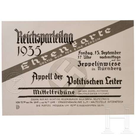 Rudolf Heß - Ehrenkarte zum Appell der Politischen Leiter am 13. September 1935 um 17 Uhr - Foto 1