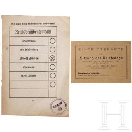 Rudolf Heß - "Eintrittskarte zur Sitzung des Reichstags" am 15. September 1935 im Großen Saal des Nürnberger Kulturvereins - photo 1