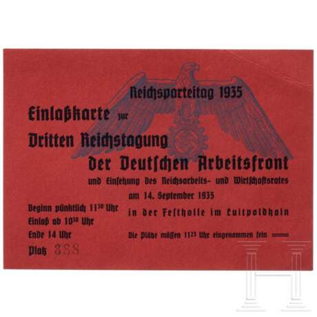 Rudolf Heß - Einlasskarte zur "Dritten Reichstagung der Deutschen Arbeitsfront" am 14. September 1935 um 11:30 Uhr - photo 1