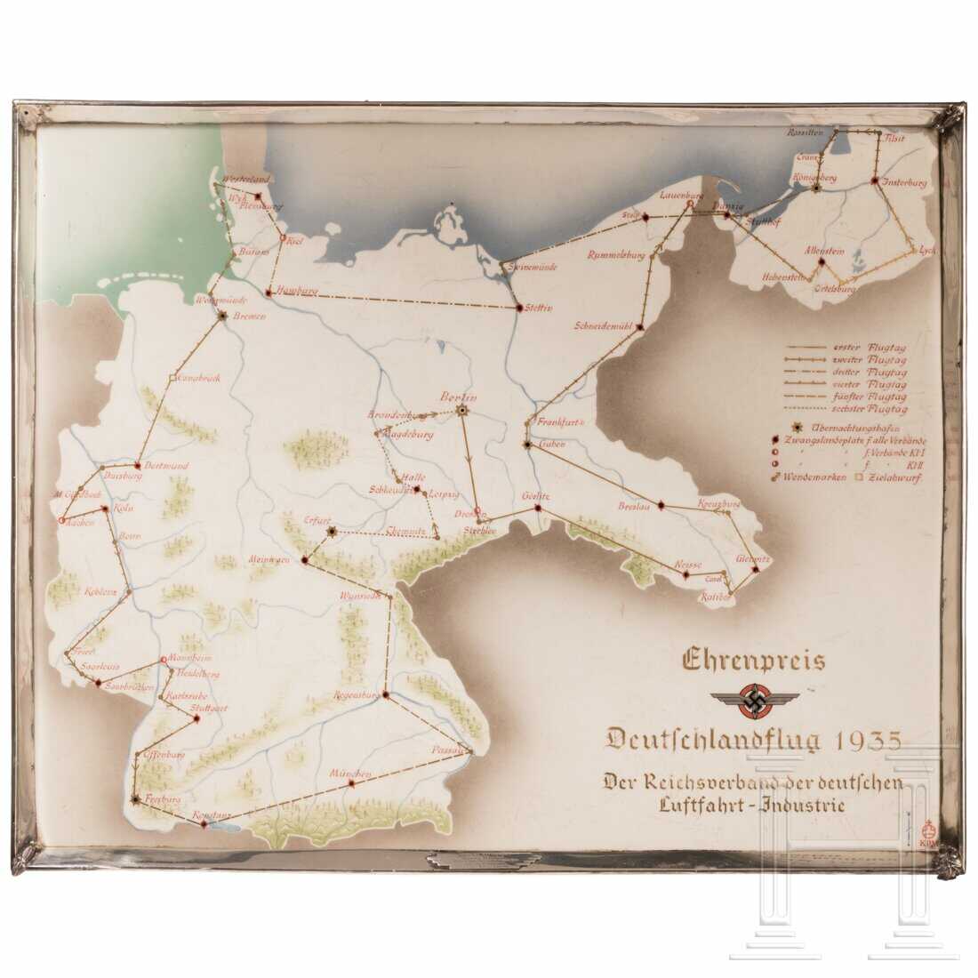 Große, in Silber gefasste KPM-Platte "Ehrenpreis Deutschlandflug 1935" Große, in Silber gefasste KPM-Platte "Ehrenpreis Deutschlandflug 1935"