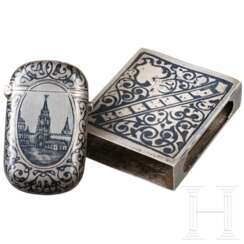 Kleines Niello-Etui und Niello-Streichholzschachtel, Russland, 1896 - 1908