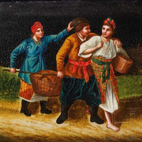 Großer Lack-Handschuhkasten mit bäuerlicher Szene, Russland, Ostaschkowo, Werkstatt Osip F. Wischnjakow mit Söhnen, 1882 - 1885 - photo 4
