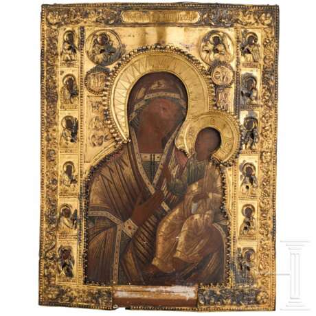 Großformatige Ikone mit der Gottesmutter und dem Christusknaben mit vergoldeter Riza, Russland, 19. Jhdt. - photo 1
