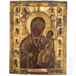 Großformatige Ikone mit der Gottesmutter und dem Christusknaben mit vergoldeter Riza, Russland, 19. Jhdt.