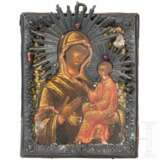 Kleine Ikone mit der Gottesmutter von Tichwin mit Silberbasma, Russland, 19. Jhdt. (Ikone), Odessa, 1857 (Basma) - photo 1