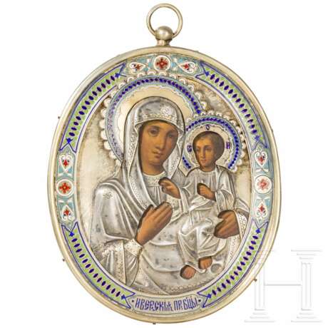 Ikone mit der Gottesmutter Iwerskaja mit Email-Oklad, Russland, Ende 19. Jhdt. (Ikone), Moskau, Dmitri A. Gorbunow, 1890 (Oklad) - Foto 4
