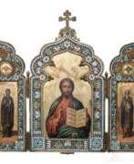Products and art of Russia. Bedeutendes Cloisonné-Email-Ikonen-Triptychon mit dem Christus Pantokrator, Russland, Moskau, Pawel Owtschinnikow, 1897
