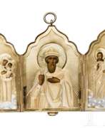 Products and art of Russia. Ikonen-Triptychon mit dem Heiligen Wladimir, Russland, Moskau, Iwan S. Gubkin, um 1890, mit Etui der Firma Olowjanischnikow