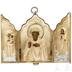 Ikonen-Triptychon mit dem Heiligen Wladimir, Russland, Moskau, Iwan S. Gubkin, um 1890, mit Etui der Firma Olowjanischnikow