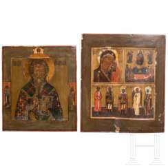 Zwei Ikonen - Heiliger Antipas und Dreifelderikone mit der Gottesmutter "lebenspendende Quelle", Russland, 19. Jhdt.