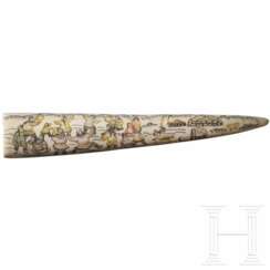 Walrosszahn-Scrimshaw, Yupik, Alaska, Anfang des 20. Jhdt.
