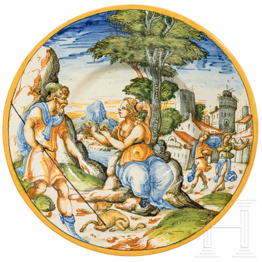 Majolika-Teller "Das Treffen von Tamar und Juda", Urbino, Italien, 2. Hälfte 16. Jhdt. Majolika-Teller "Das Treffen von Tamar und Juda", Urbino, Italien, 2. Hälfte 16. Jhdt.