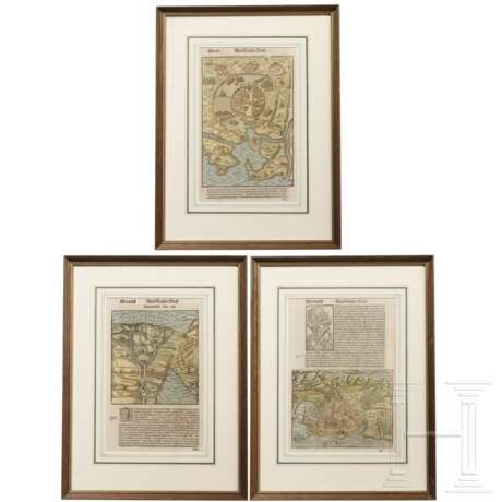 Drei gerahmte Seiten aus der Cosmographia Sebastian Münsters (1488 - 1552), deutsch/Schweiz, 16. Jhdt. - Foto 1