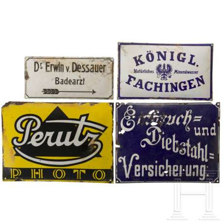 Vier Emailleschilder, darunter "Perutz Photo" und "Königl. Fachingen Mineralwasser", deutsch, 1920er Jahre - фото 1
