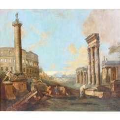MALER des 19. Jahrhundert, "ROM, das Forum Romanum", ideale Ruinenlandschaft mit Kolloseum und Trajanssäule,