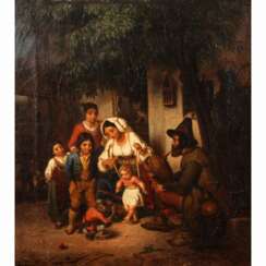 MALER 19. Jahrhundert (undeutlich signiert Günther?), "Italienische Familie vor dem Haus, mit einem spielenden Affen",