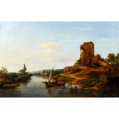 WATSON, E. (engl. Maler/in 19. Jahrhundert), "Boot und Fähre auf Fluss vor Burgruine"